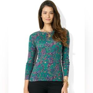 Lauren Ralph Lauren Green Paisley Printed Long Sleeve Top Quiet Luxury Preppy